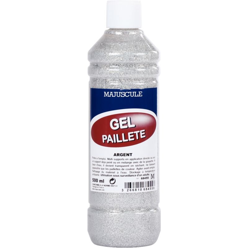 Flacon 500ml de gel de paillettes MAJUSCULE, argent