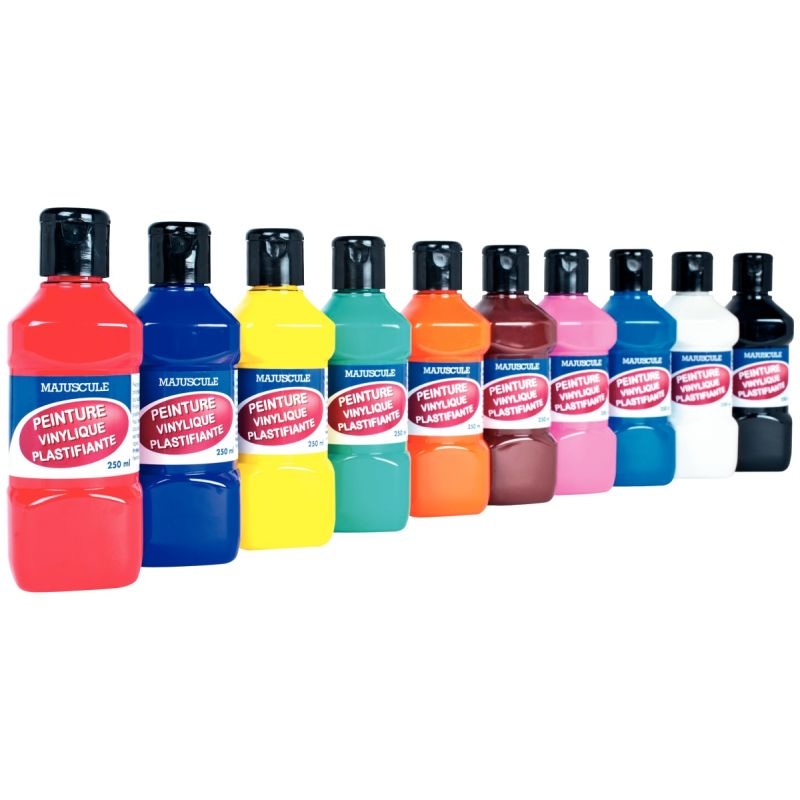 Lot de 10 flacons 250 ml de peinture vinylique plastifiante, couleurs vives assorties