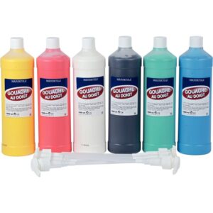 Lot de 6 flacons 1L de gouache aux doigts + 6 pompes couleurs assorties: noir, blanc, bleu, rouge, vert et jaune