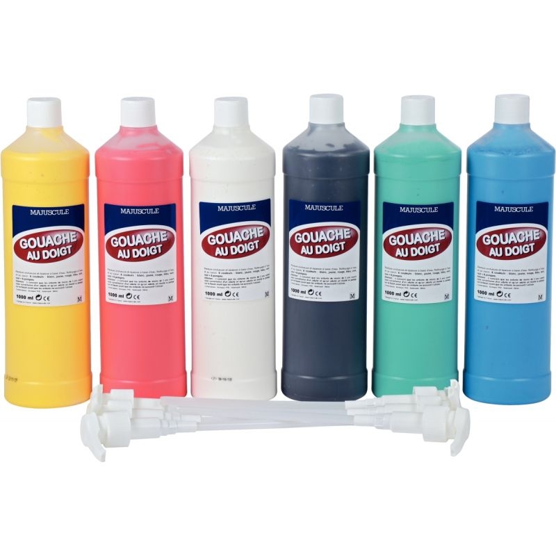 Lot de 6 flacons 1L de gouache aux doigts + 6 pompes couleurs assorties: noir, blanc, bleu, rouge, vert et jaune