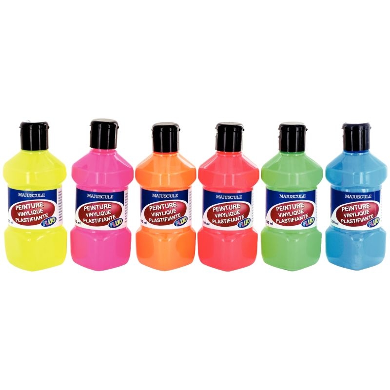 Lot de 6 flacons de 250ml de peinture vinylique plastifiante couleurs fluo assorties