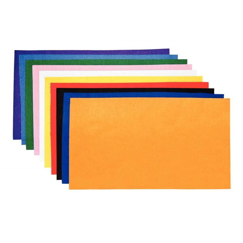 Paquet de 10 coupons de feutrine adhésive format 23,5 x 45 cm, couleurs assorties