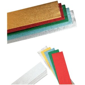 Paquet de 5 feuilles de crépon métallisé 250×50 cm  assortis : Or, argent, bleu métal, rouge métal, vert métal