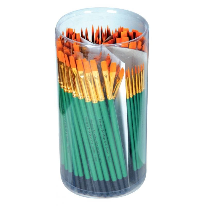 Pot de 144 pinceaux et brosses en poils synthétiques – 72 pinceaux ronds (24 n° 4 + 24 n° 8 + 24 n° 12) – 72 brosses plates (24 n°6 + 24 n° 8 + 24 n° 10)