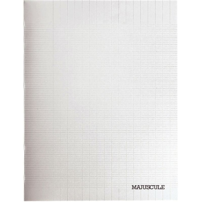 Piqûre 48 pages MAJUSCULE couverture polypropylène, format 17×22 cm, papier blanc 80g, réglure seyès, incolore