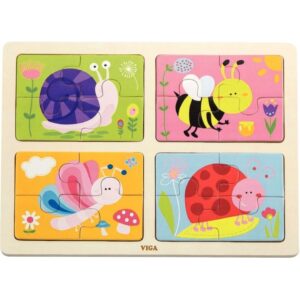 Planche de 4 puzzles 4 pièces en bois, animaux du jardin